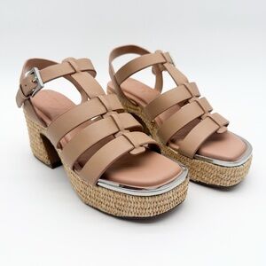 DKNY Dasha Fisherman Platform Sandals Leather Strappy Block Heel Nude Tan 5 NEW